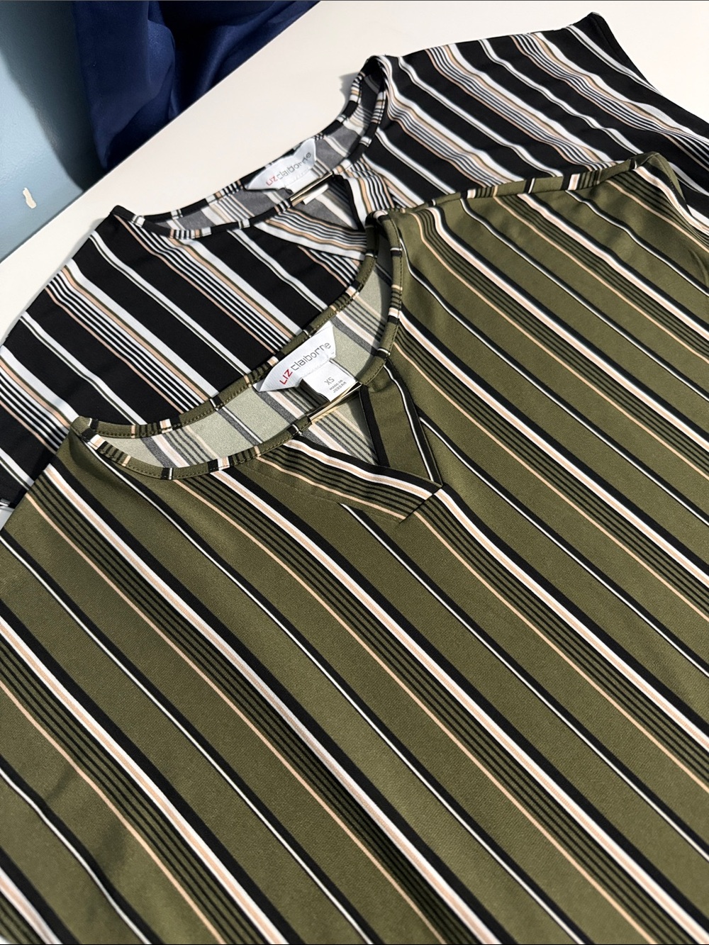 2 Liz Claiborne Olive & Black Striped Short Sleeve Blouses XS